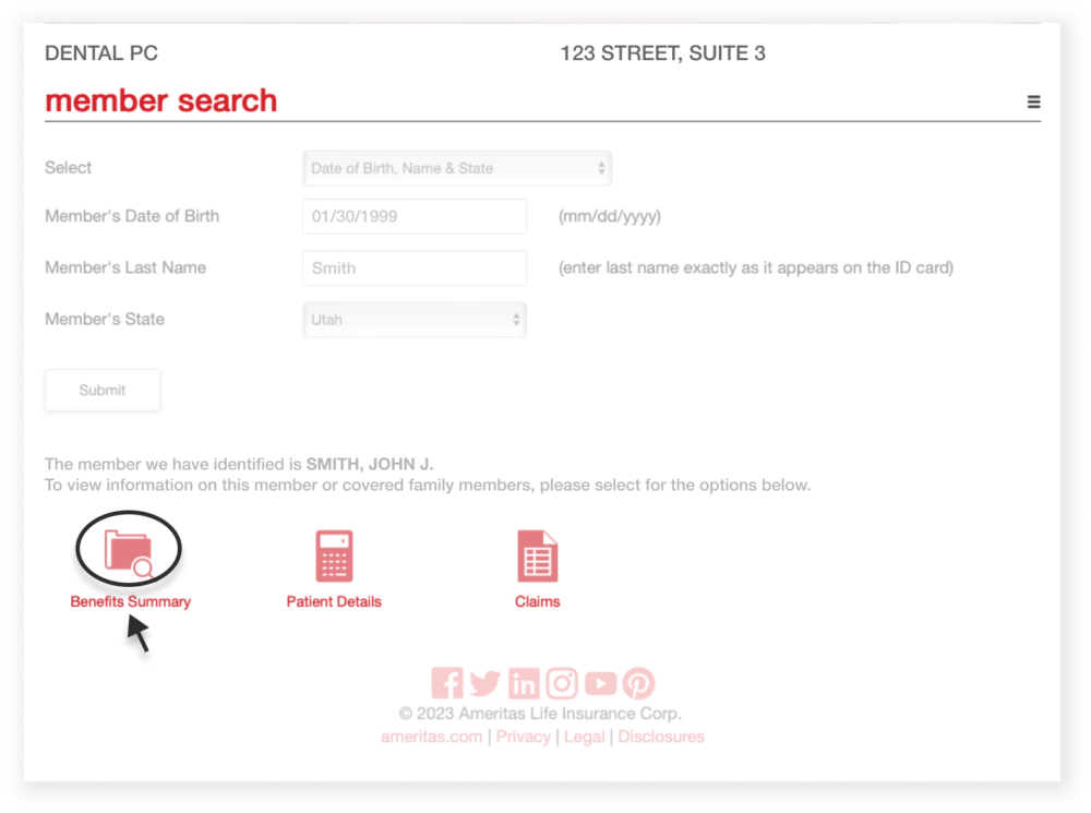 Member search page with "Benefit Summary" link highlighted.